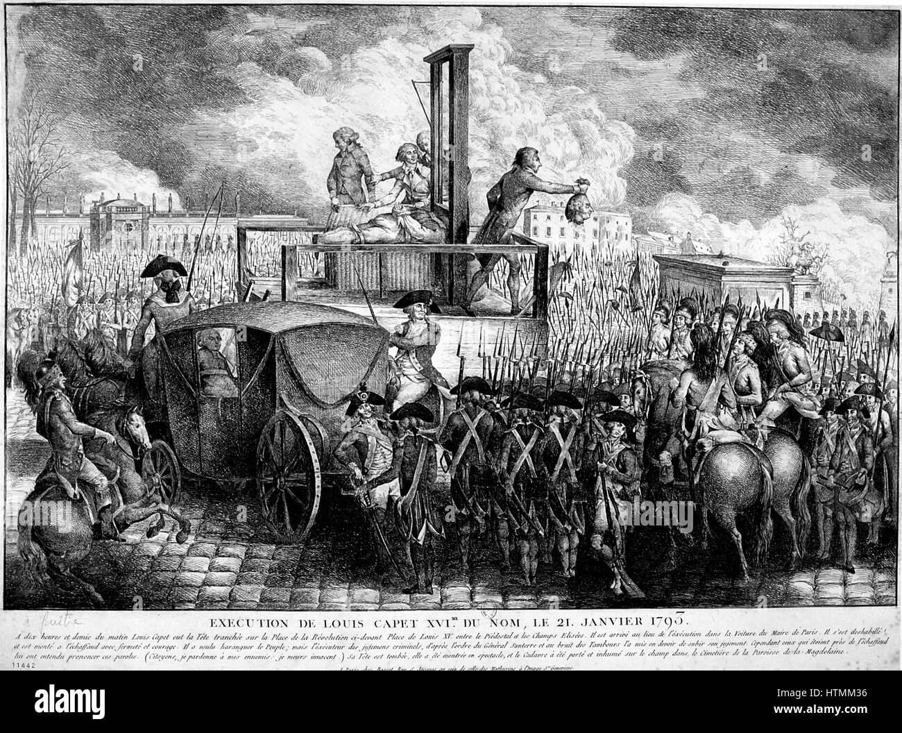 Französische Revolution: Hinrichtung von Ludwig XVI. (1754-93) 21. Januar 1793. König von Frankreich aus dem Jahre 1774. Ludwigs Kopf zu dem Publikum gezeigt. Auf anderen Seite des Gerüstes ist ein Weidenkorb bereit um seinen Körper zu erhalten. Gravur Stockfoto