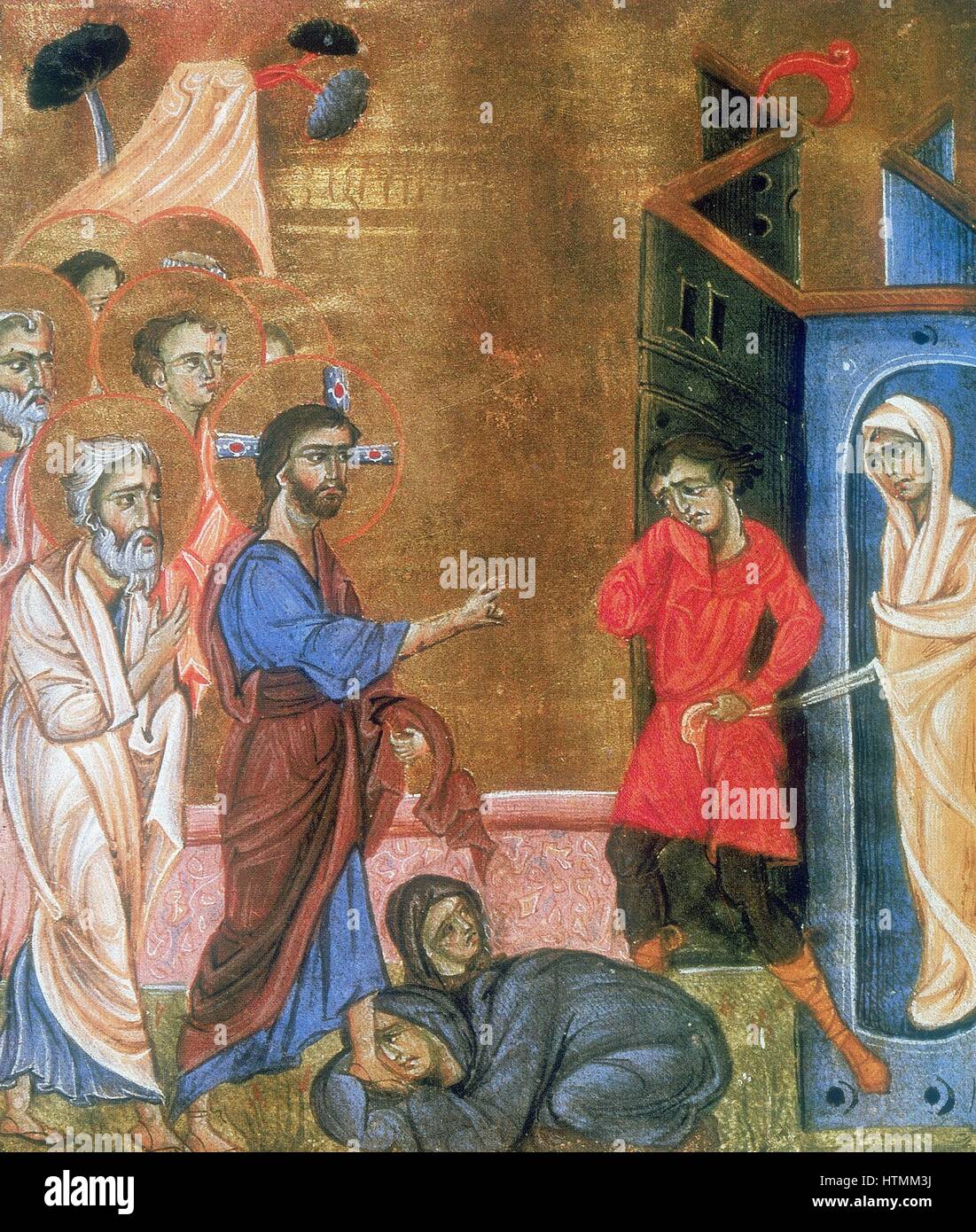 Jesus Lazarus nach vier Tagen zu erhöhen. Martha und Maria, die Schwestern des Lazarus Knien zu Jesu Füßen, wie Lazarus aus dem Grab in sein Leichentuch geführt wird. Nach der armenischen Evangelium (c.1269). Maler und Kalligraph Toros Rosline Stockfoto