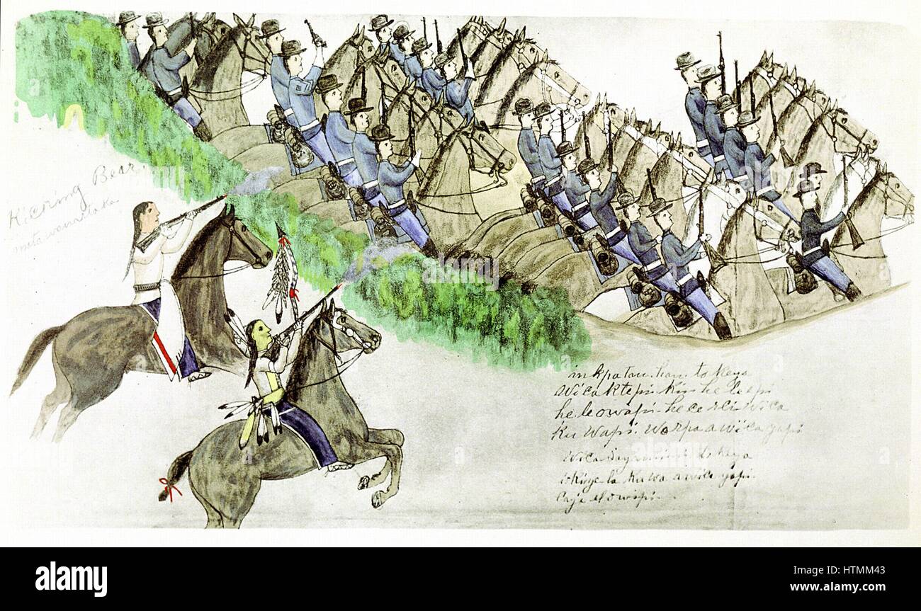 Beginn der Schlacht von Little Big Horn River, Montana, 25. Juni 1876. Prärie-Indianer und US-Kavallerie. Von der Malerei von Sioux Indianer Amos schlechte Herz Buffalo. Stockfoto