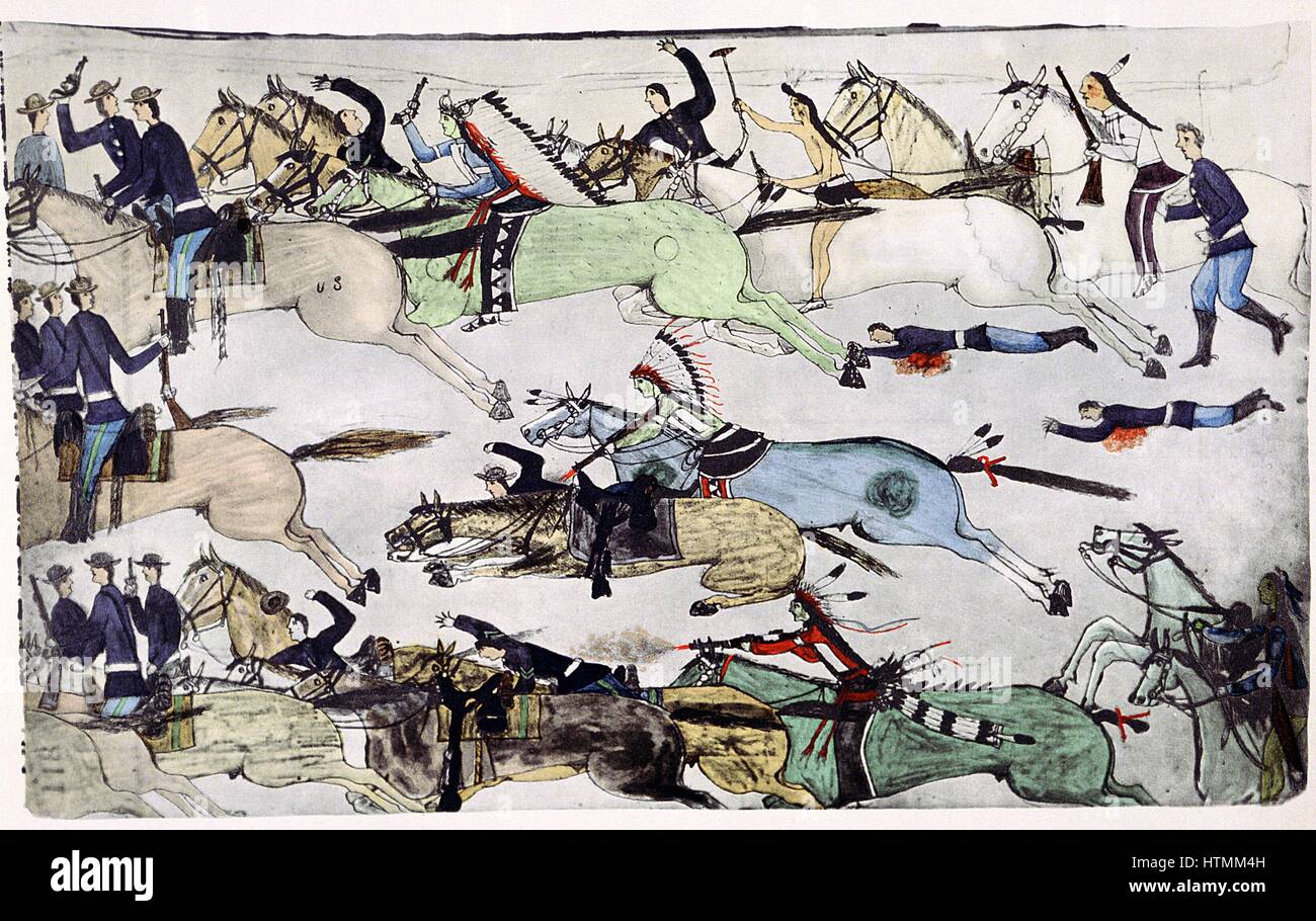 Schlacht von 25-26 Juni 1876 am Little Big Horn. Rückzug von uns 7. Kavallerie Bataillone unter Major Marcus Reno. Gemälde von Amos böses Herz Buffalo (Sioux) um 1900 Stockfoto
