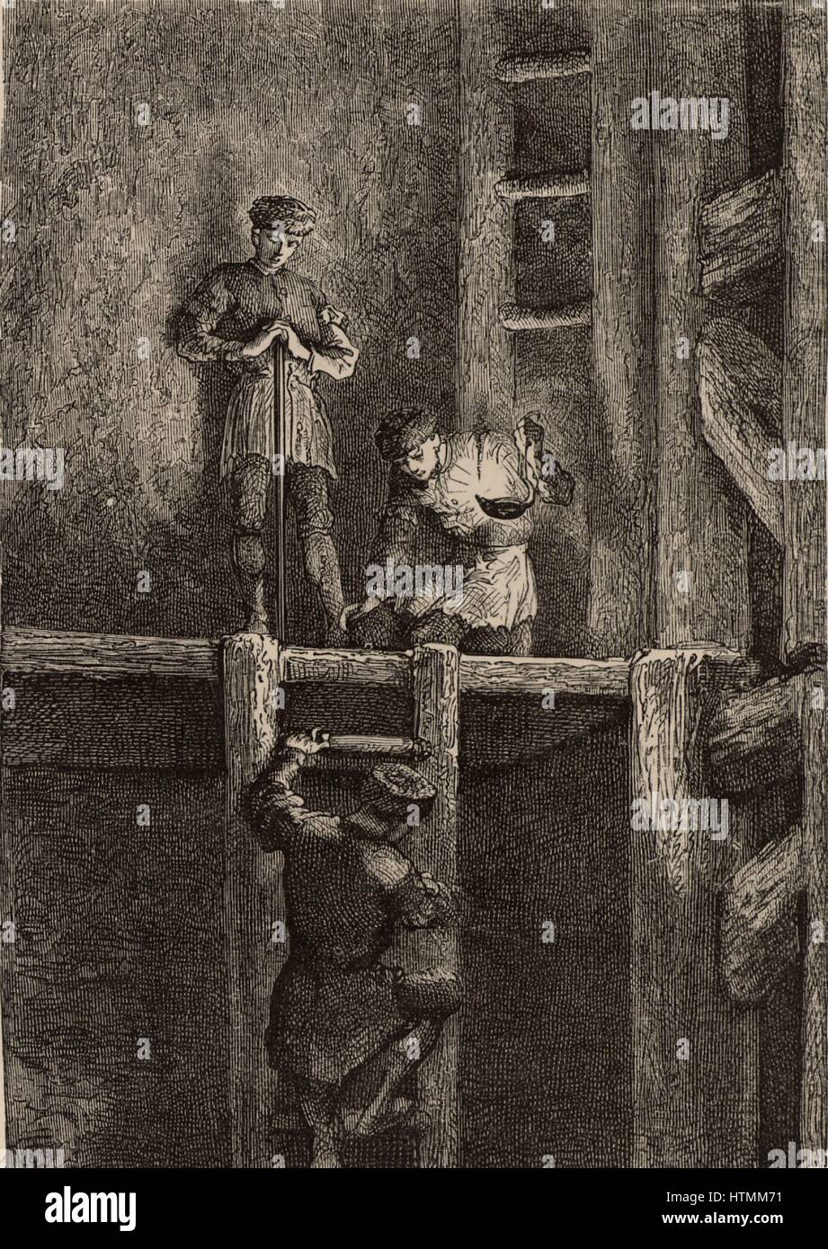 Bergleute in den Harz-Minen, Deutschland, absteigend die Leiter-Welle durch das Licht einer Öllampe. Von "u-Leben; oder Minen und Bergarbeiter durch Louis Simonin (London 1869). Holzstich. Stockfoto Bergleute in den Harz-Minen, Deutschland, absteigend die Leiter-Welle durch das Licht einer Öllampe. Von "u-Leben; oder Minen und Bergarbeiter durch Louis Simonin (London 1869). Holzstich. Stockfoto