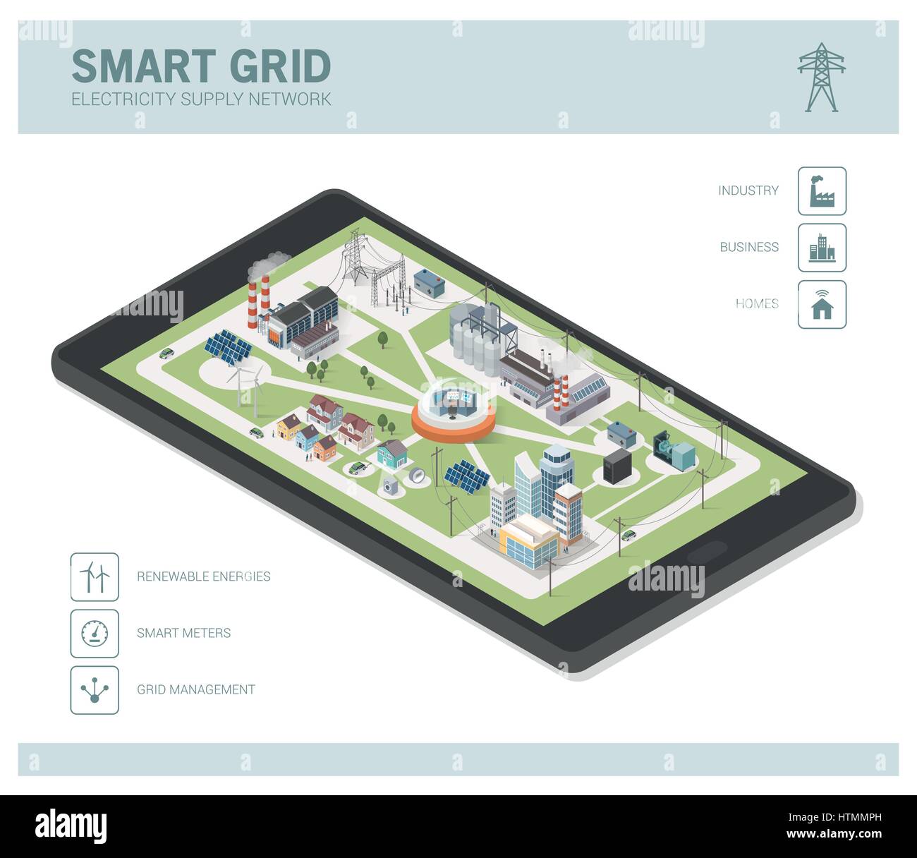 Smart-Grid-Netzwerk, Stromversorgung und nachwachsenden Rohstoffen Infografik mit isometrischen Gebäude auf einem smartphone Stock Vektor
