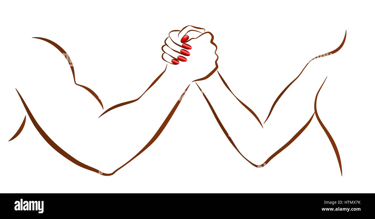 Armdrücken von Mann und Frau als Symbol für den Kampf der Geschlechter oder Geschlecht zu kämpfen. Isolierte Darstellung auf weißem Hintergrund. Stockfoto