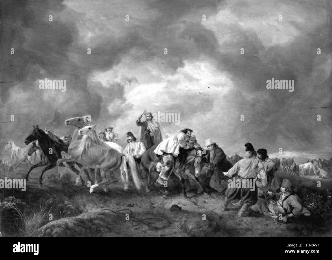 Peter Hess’s *Odvadeni koni* (Driving the Horses) stellt eine dynamische Szene dar, in der Pferde getrieben werden. Hess war bekannt für seine detaillierten und realistischen Darstellungen von Tieren, insbesondere Pferden, in der Kunst des 19. Jahrhunderts. Stockfoto