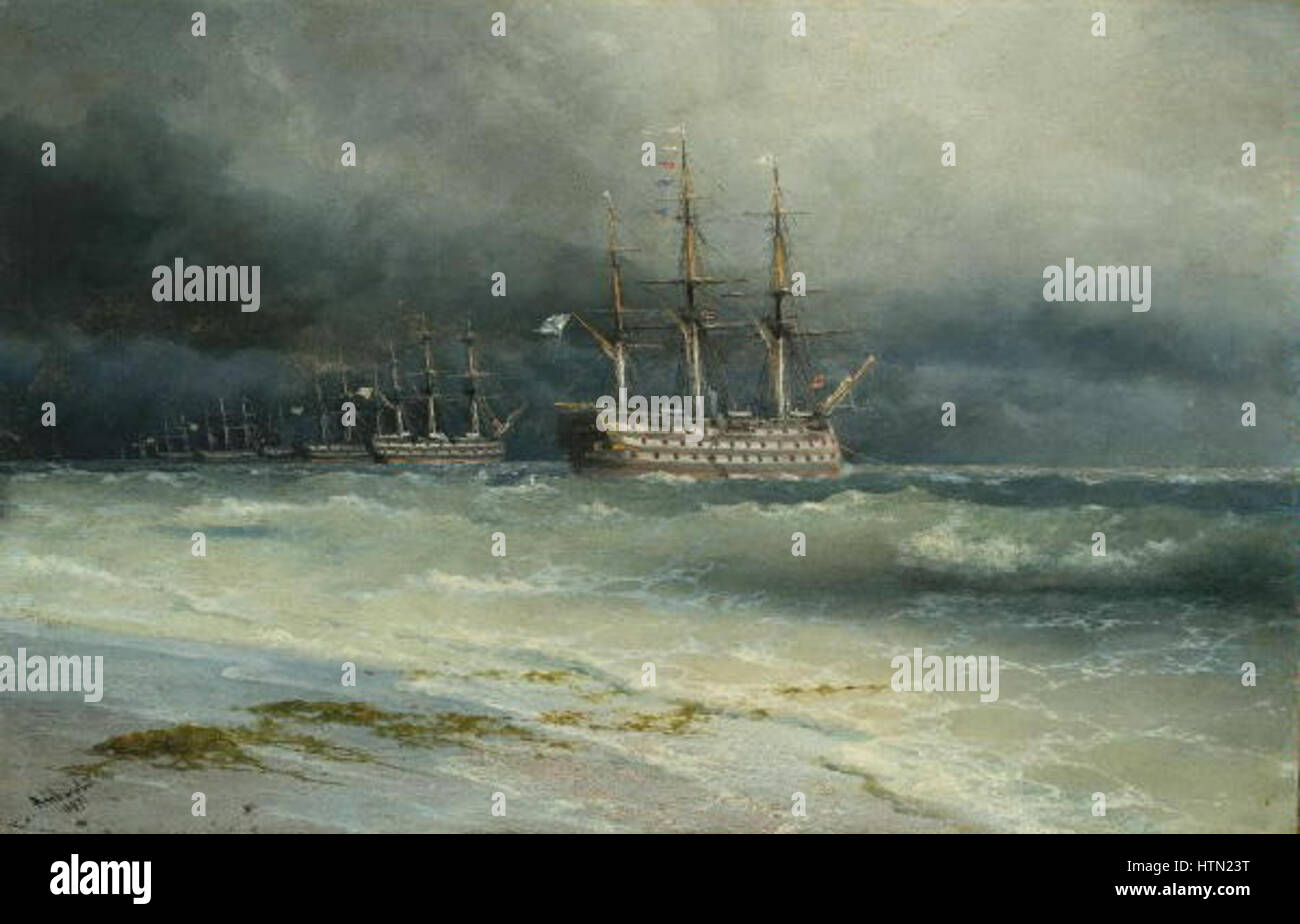Ivan Konstantinovic Ajvazovskij 1817-1900 - Prehlidka Ruske Valecne floty Stockfoto