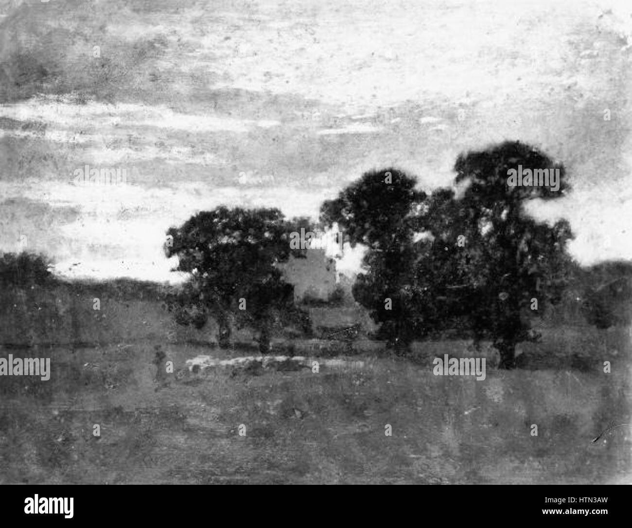Wilhelm Ambergs „Krajina s ovcemi“ (Landschaft mit Schafen) aus dem 19. Jahrhundert stellt eine ruhige ländliche Szene dar, die den pastoralen Lebensstil mit naturalistischer Liebe zum Detail und zur Komposition unterstreicht. Stockfoto