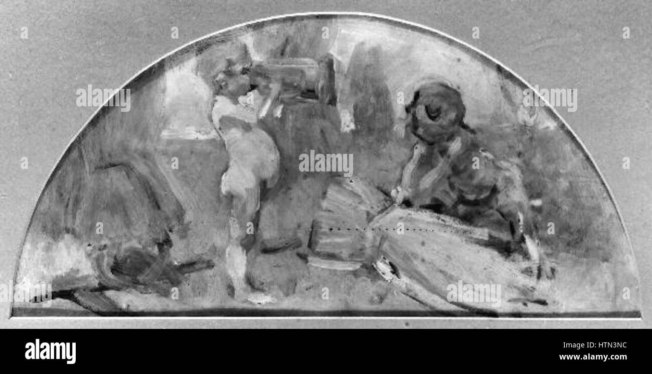 Dieses Design von Vojtech Bartonek aus dem Jahr 1880 zeigt eine klassische Komposition mit Putten. Die Szene fängt die symbolische Unschuld und die göttlichen Qualitäten der Cherubischen Figuren ein, die in der Kunst der Romantik üblich sind. Stockfoto