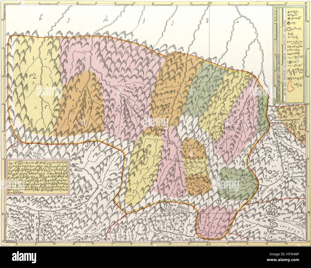 Diese historische Karte von Georgien, erstellt von Prinz Vakhushti Bagrationi, veranschaulicht die geografische und politische Landschaft des Königreichs Georgien im 18. Jahrhundert und zeigt die Grenzen, Städte und bemerkenswerten Merkmale der Region. Stockfoto