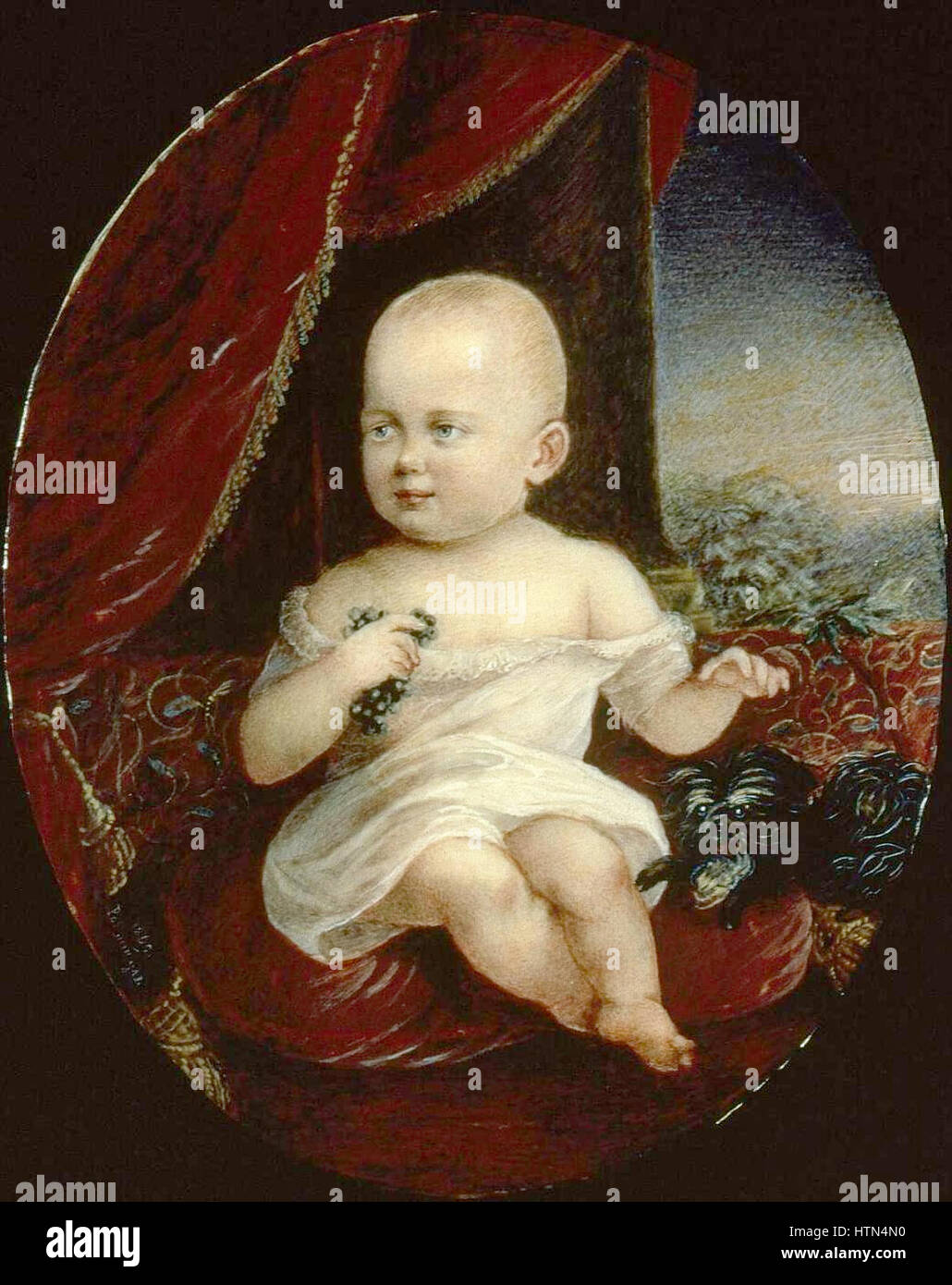 Dieses Gemälde von A. G. Rockstuhl aus dem Jahr 1869 zeigt Nikolaus II. Von Russland als Kind. Es spiegelt das frühe Leben des zukünftigen Zaren wider und hält seine Unschuld und sein jugendliches Aussehen in einem formalen, historischen Porträt fest. Stockfoto