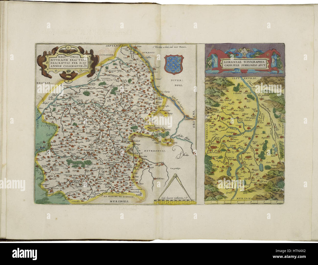Abraham Ortelius, ein flämischer Kartograph, schuf Karten der Berry- und Limagne-Regionen im 16. Jahrhundert. Seine Karten sind für ihre Genauigkeit und künstlerische Details von Bedeutung. Stockfoto Abraham Ortelius, ein flämischer Kartograph, schuf Karten der Berry- und Limagne-Regionen im 16. Jahrhundert. Seine Karten sind für ihre Genauigkeit und künstlerische Details von Bedeutung. Stockfoto