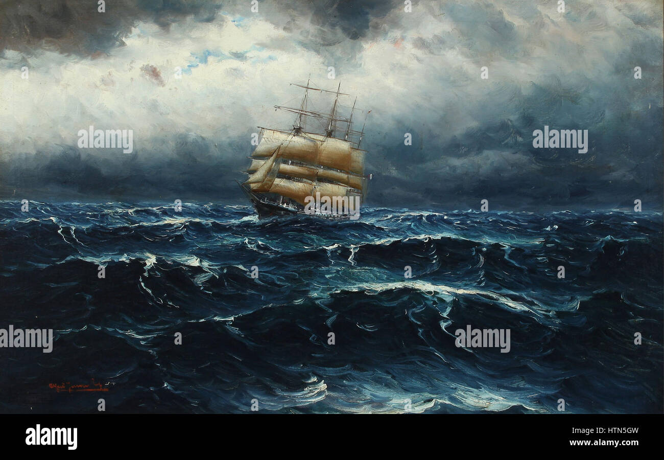 Alfred Jensens „Segelschiff im rauer See“ fängt ein Segelschiff in rauer See ein. Das Kunstwerk stellt die mächtigen Kräfte der Natur dar und zeigt den Kontrast zwischen dem Schiff und dem turbulenten Wasser. Stockfoto