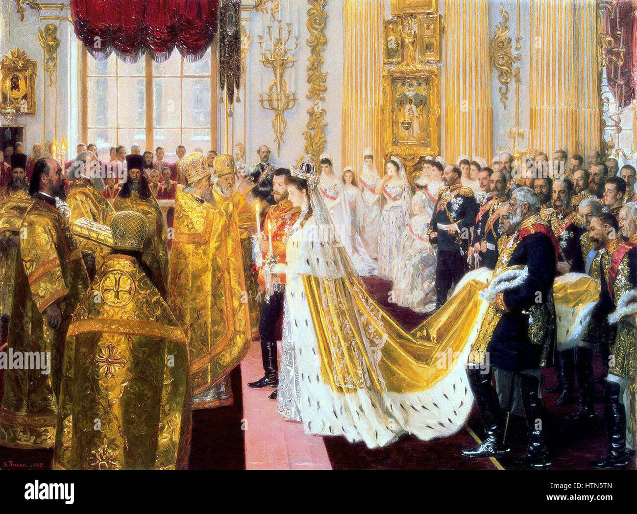 Laurits Tuxens Gemälde „die Hochzeit von Nikolaus II. Und Alexandra Feodorowna“ (1895) zeigt die königliche Ehe des russischen Zaren Nikolaus II. Und seiner Frau Alexandra. Die große, zeremonielle Szene fängt den Pomp und die Tradition des russischen Hofes ein. Stockfoto
