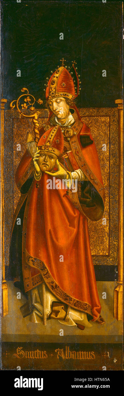 Diese Darstellung des heiligen Alban von Mainz ist eine künstlerische Darstellung des heiligen, der für sein Martyrium und seine bedeutende Rolle in der frühchristlichen Kirche geehrt wird. Das Gemälde hebt seine Frömmigkeit und sein Opfer hervor und unterstreicht seinen Status als frühchristlicher Märtyrer. Stockfoto
