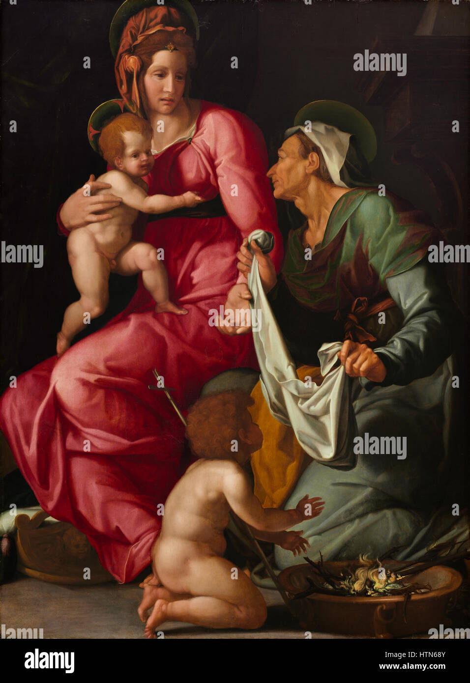 Dieses Gemälde zeigt die Jungfrau Maria mit dem Kindlein Jesus, die heilige Elisabeth und den heiligen Johannes den Täufer. Die Komposition hebt familiäre und göttliche Bindungen in einer ruhigen, heiligen Umgebung hervor. Stockfoto