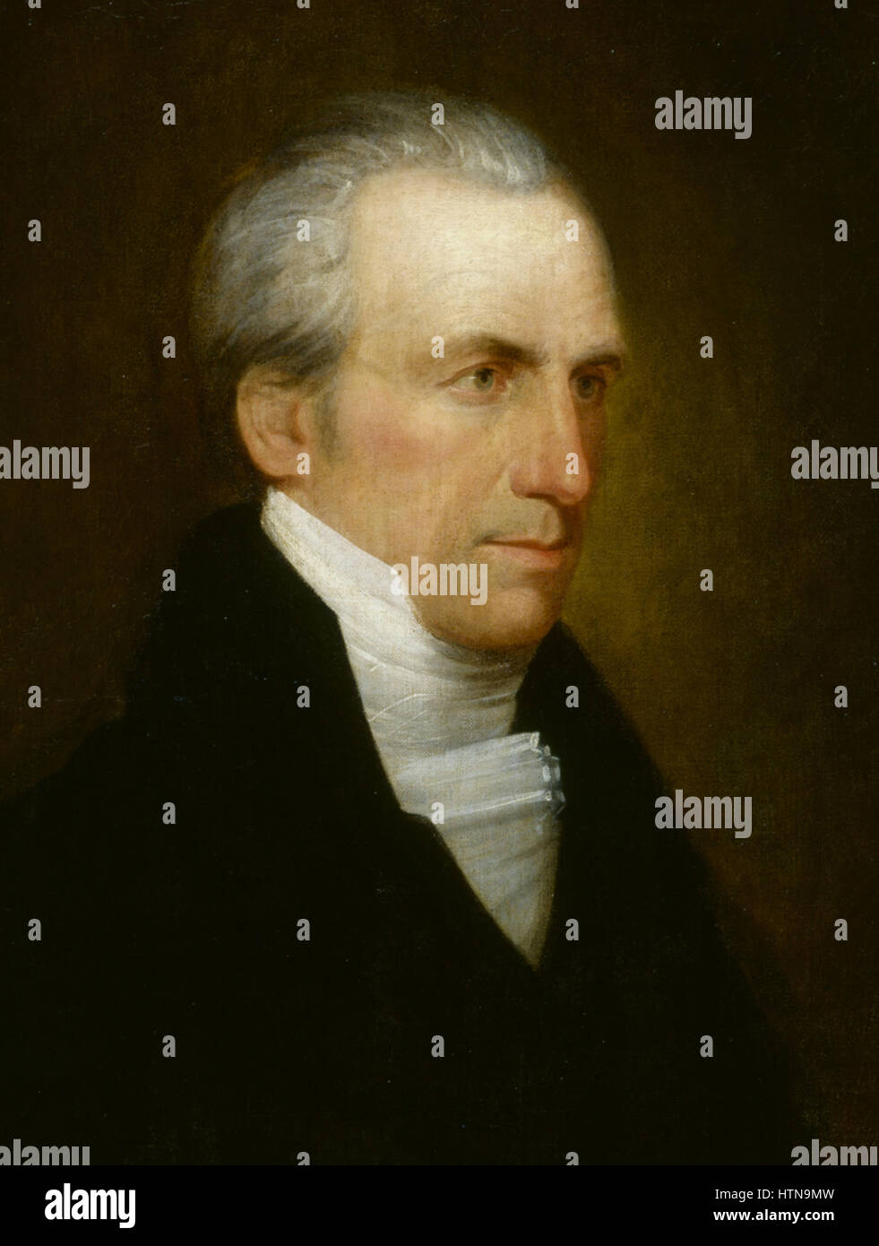 Dieses Porträt von Philemon Wright von John James hebt die Figur von Wright hervor, einer Schlüsselfigur der kanadischen Geschichte. Wright wird oft als Gründer von Hull, Quebec, angesehen, und das Porträt spiegelt seine Rolle in der frühen kanadischen Siedlung und Entwicklung wider. Stockfoto