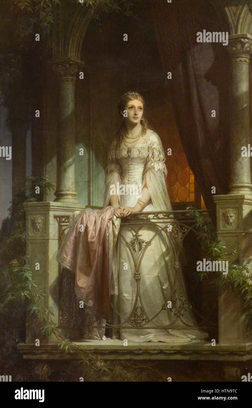 Das Gemälde „Julia auf dem Balkon“ zeigt die berühmte Szene aus Shakespeares „Romeo und Julia“ und fängt Julia in ihrem ikonischen Balkonmoment ein, ein Symbol für Romantik und Tragödie in der Literaturgeschichte. Stockfoto