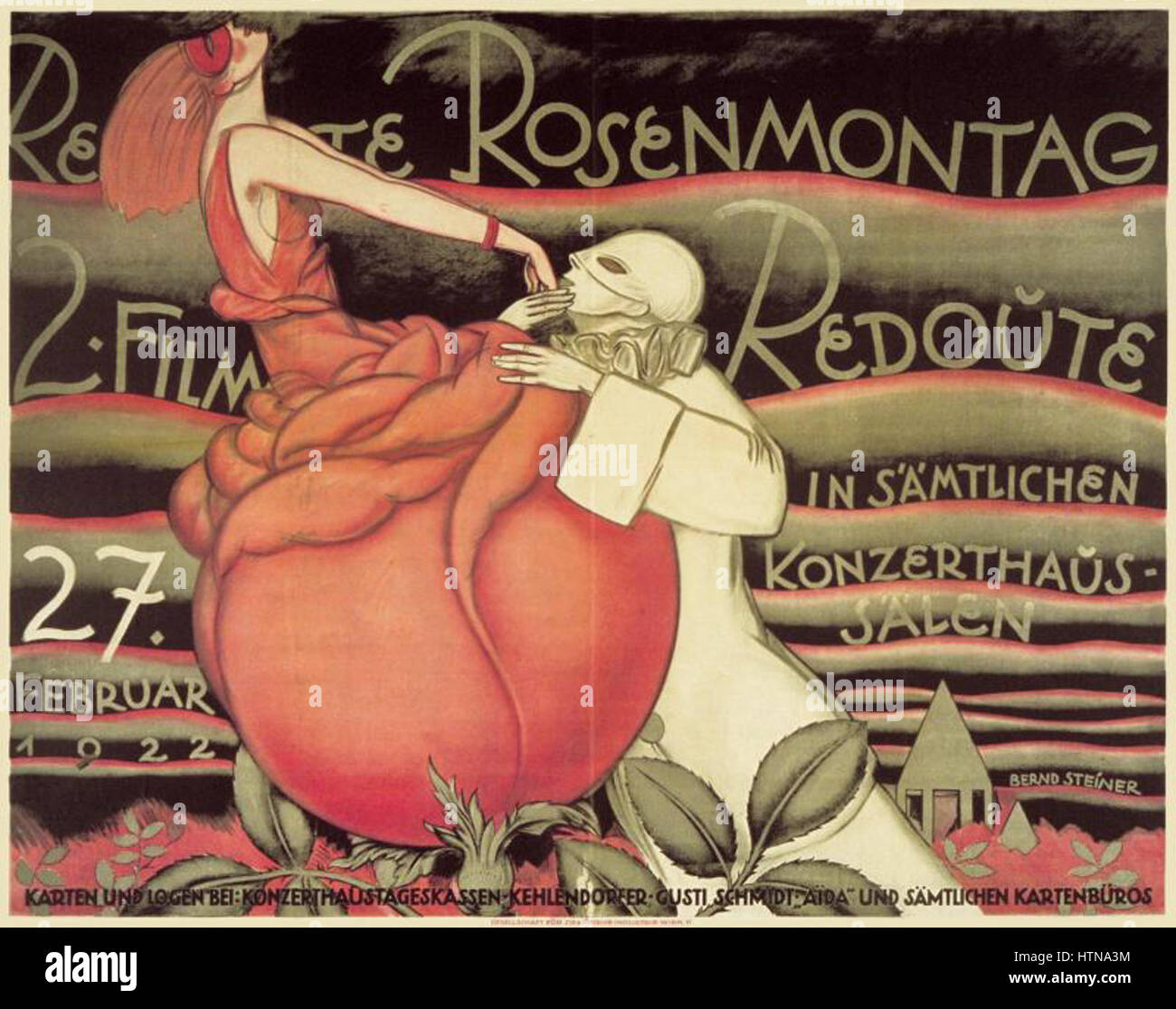 Rosenmontag Redoute ist eine Feier des deutschen Karnevals, der 1922 am Rosenmontag stattfindet. Die Veranstaltung bietet ausgeklügelte Kostüme, lebhafte Feste und lebhafte Aufführungen, die den festlichen Geist der Zeit verkörpern. Stockfoto