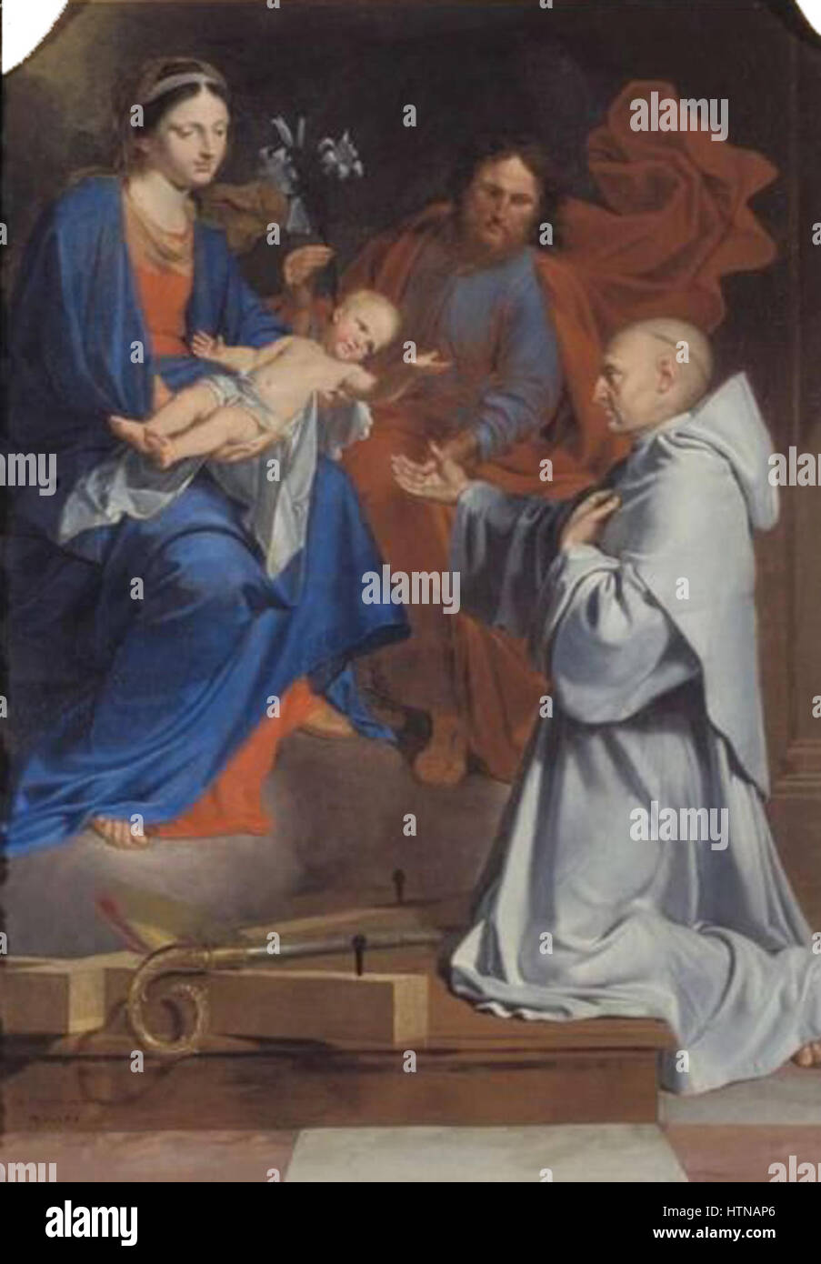 *Saint Bernard devant la Vierge, l'Enfant et Saint Joseph* von Le Tellier stellt den Heiligen Bernhard von Clairvaux vor der Jungfrau Maria, dem Jesuskind und dem Heiligen Joseph dar. Dieses religiöse Gemälde spiegelt die mittelalterliche Hingabe an die Heilige Familie und die Rolle des Heiligen Bernhard bei der Förderung des Marienkultes wider. Stockfoto