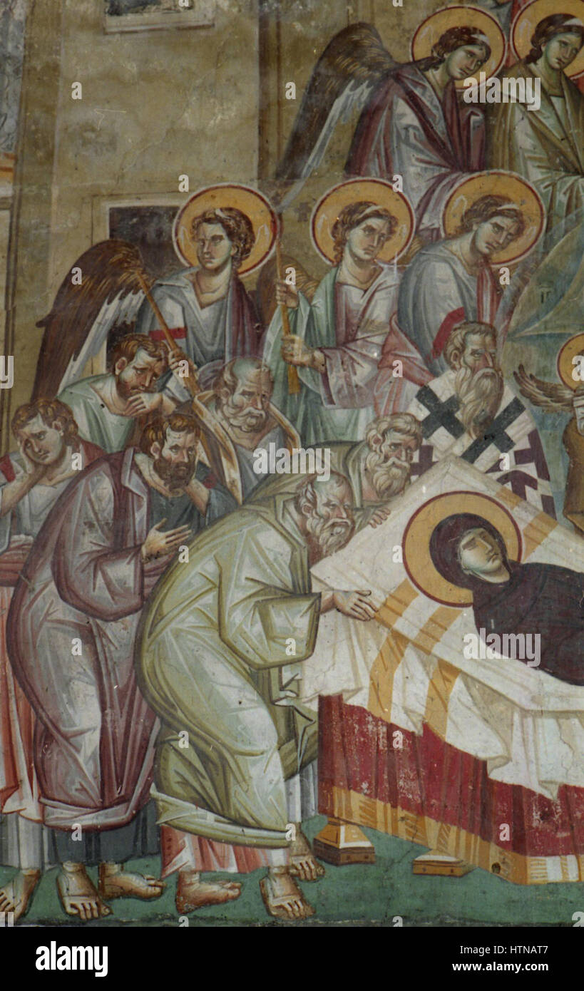 Die Kirche des Theotokos Peribleptos in Ohrid ist mit bedeutenden Gemälden geschmückt, die biblische Szenen darstellen. Diese Kunstwerke aus dem 13. Jahrhundert sind ein schönes Beispiel byzantinischer Kunst und illustrieren religiöse Themen mit komplizierter Ikonographie und Symbolik. Stockfoto