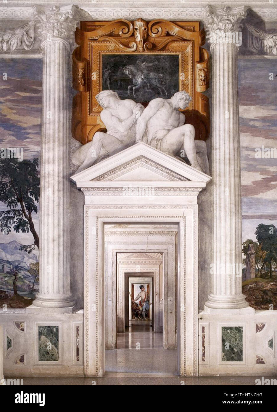 Dieses Kunstwerk von Paolo Veronese mit dem Titel „Mas Olym E“ ist wahrscheinlich eine Darstellung mythologischer Themen, typisch für die venezianische Renaissance. Veronese verwendet Farbe, Komposition und raffinierte Details, um die Pracht des künstlerischen Ansatzes der Epoche zu widerspiegeln und klassische Themen mit Renaissance-Techniken zu verbinden. Stockfoto