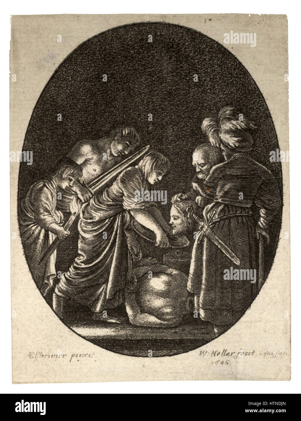 Wenzels Stich zeigt die biblische Szene der Enthauptung Johannes des Täufers. Der dramatische Moment zeigt die Hinrichtung, ein Schlüsselereignis in der christlichen Ikonographie, mit Schwerpunkt auf den beteiligten Figuren und dem düsteren Ton der Szene. Stockfoto
