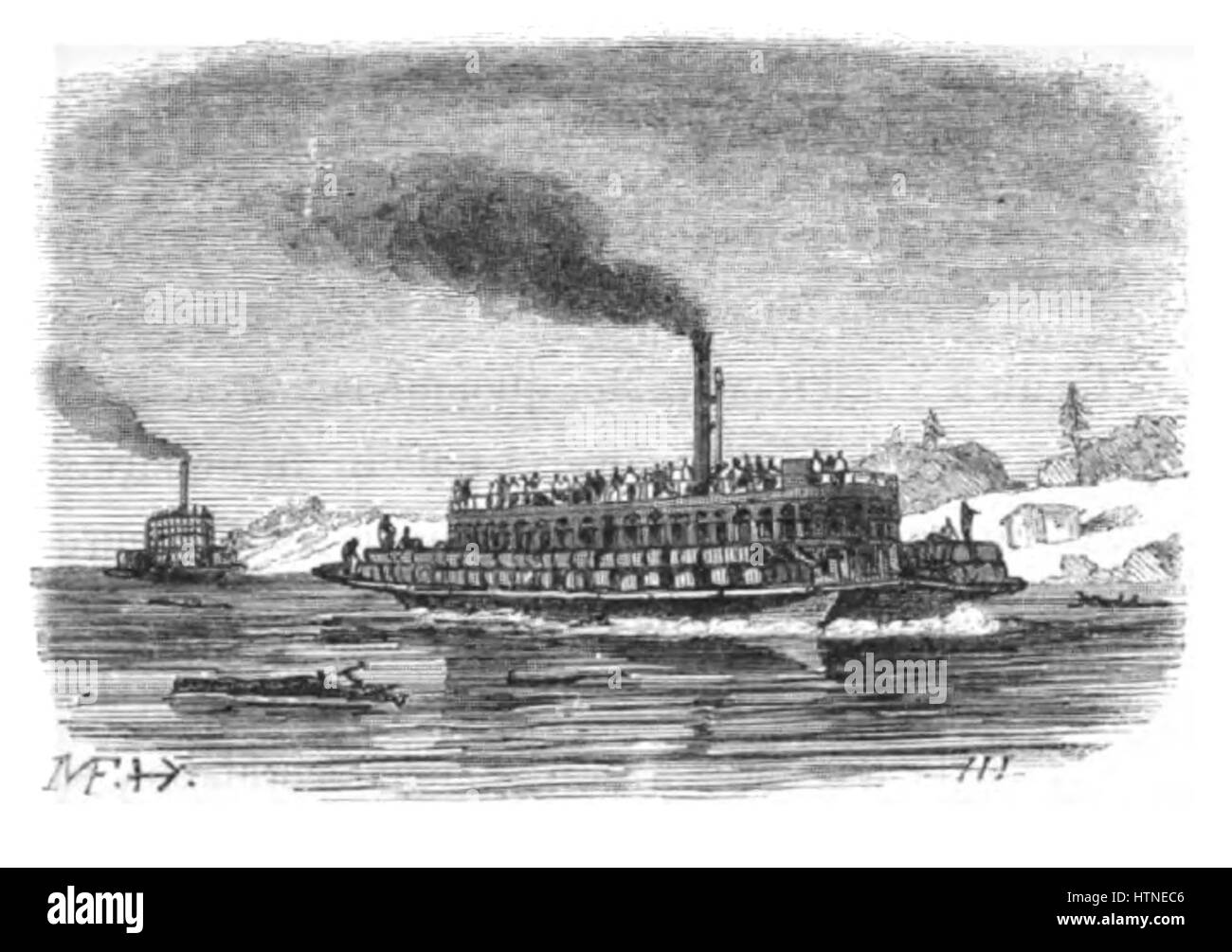 „La Marine“ von Pacini stellt eine maritime Szene dar, die die Dynamik der Seereise mit dramatischen Wellen und einem Schiff, das durch sie navigiert, einfängt. Das Gemälde betont die Kraft des Ozeans und die Fähigkeiten, die in der Seeschifffahrt erforderlich sind. Stockfoto