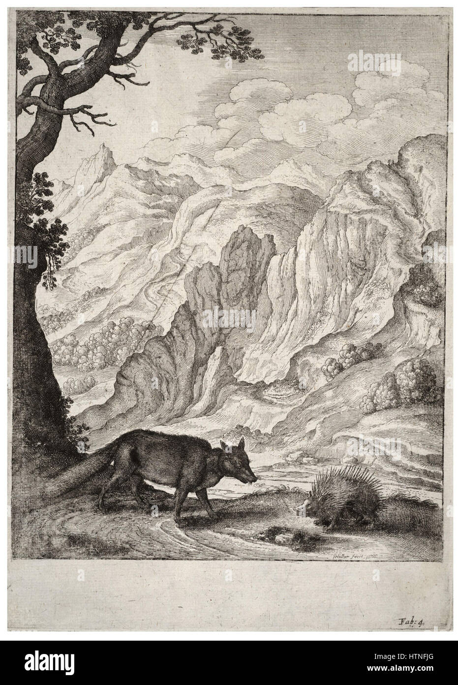 Wenceslas Hollar’s „der Fuchs und das Stachelschwein (State 2)“ ist ein Gravur, der eine naturalistische Szene mit zwei Tieren darstellt und Hollar in feinen Details und natürlichen Bildern zeigt. Stockfoto