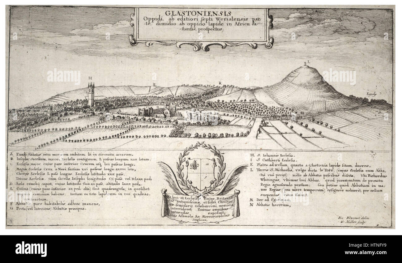 „Glastonbury“ von Wenceslas Hollar fängt die malerische Aussicht auf Glastonbury ein, mit komplizierten Linien, die die architektonischen Merkmale und die natürliche Umgebung betonen. Der Stich ist für seine Präzision und den historischen Kontext der Stätte in der englischen Geschichte bemerkenswert. Stockfoto