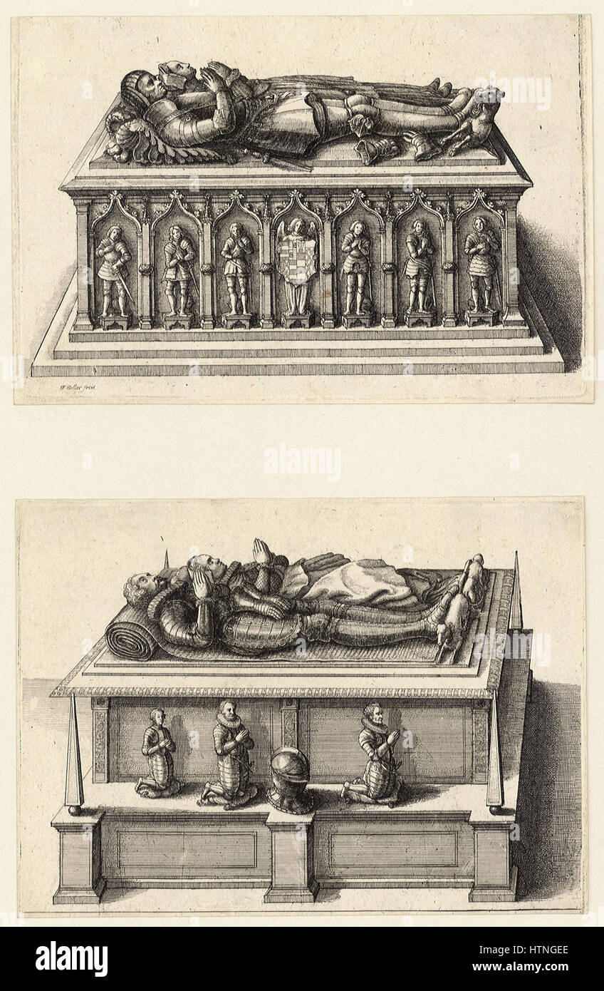 Diese Radierung von Wenzel Hollar zeigt zwei Gräber und zeigt die Meisterschaft des Künstlers bei der Darstellung von architektonischen Details und komplizierten Texturen. Die Arbeit konzentriert sich auf die feierliche und gedenkliche Natur von Gräbern als Symbole von Tod und Erinnerung. Stockfoto