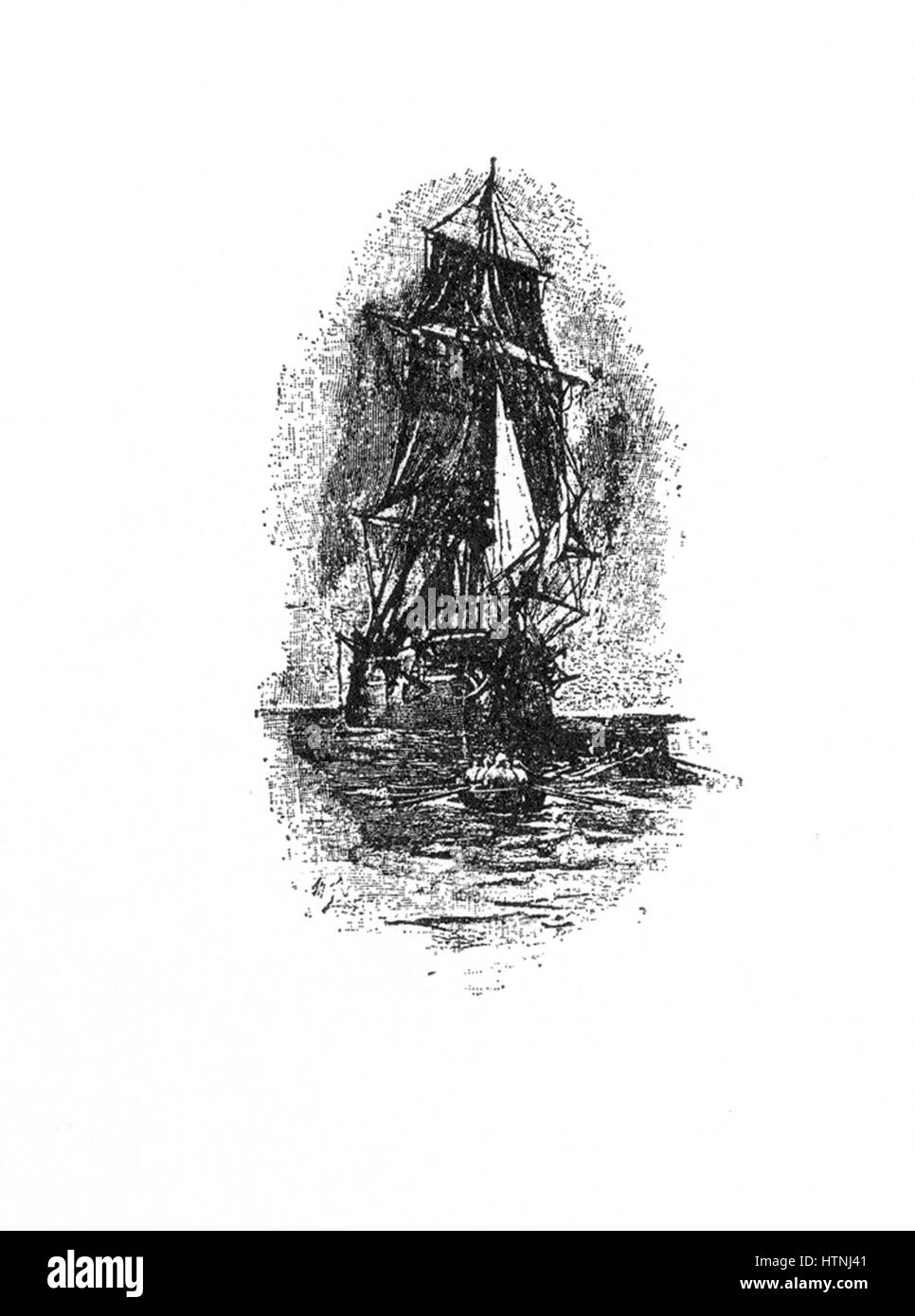 Die Titelseite von „Treasure Island“ zeigt ein Bild eines Segelschiffes, das an die abenteuerlichen und seefahrerischen Themen erinnert, die für die Geschichte von zentraler Bedeutung sind. Diese Illustration fängt den Geist der Erkundung und den Reiz der hohen See ein. Stockfoto