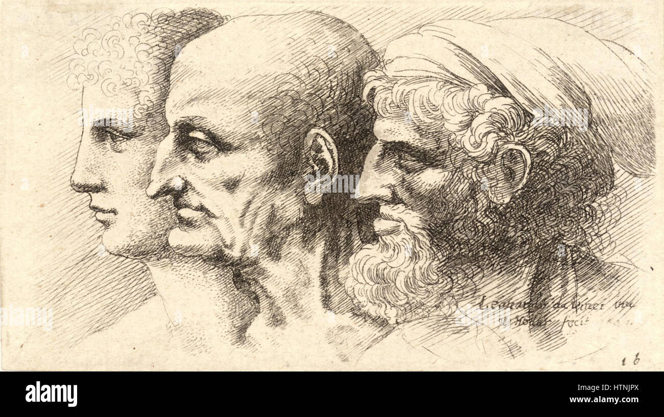 Wenceslas Hollar's „Three Male Heads in Profile“ ist ein detailreicher Gravur, der drei männliche Figuren im Profil zeigt und sein Geschick in der Porträtfotografie und seine Beherrschung von Linien und Details demonstriert. Stockfoto