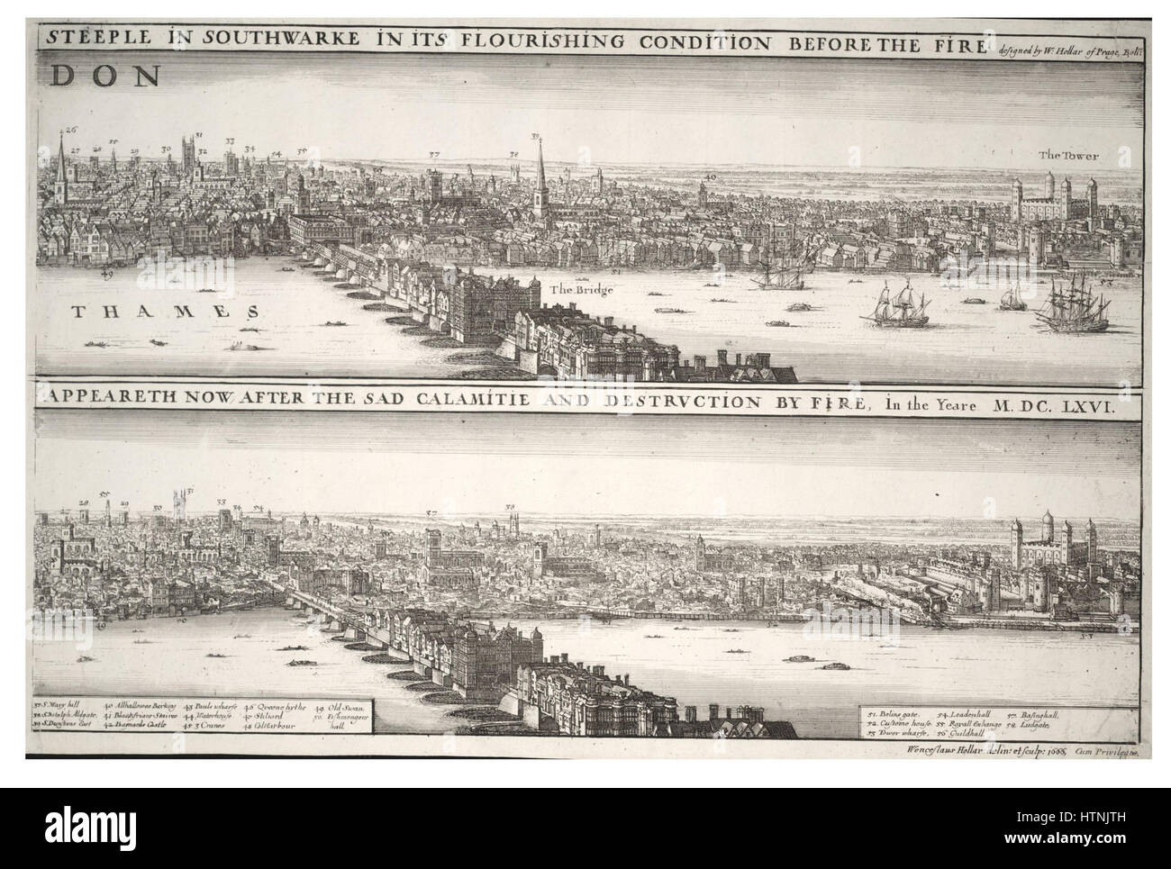 Wenceslas Hollar’s „London Before and After the Fire“ (State 2) bietet einen visuellen Vergleich der Stadtlandschaft vor und nach dem Großen Brand von London 1666. Die detaillierten Gravuren zeigen Hollar’s Können, die dramatische Transformation der Stadt festzuhalten. Stockfoto