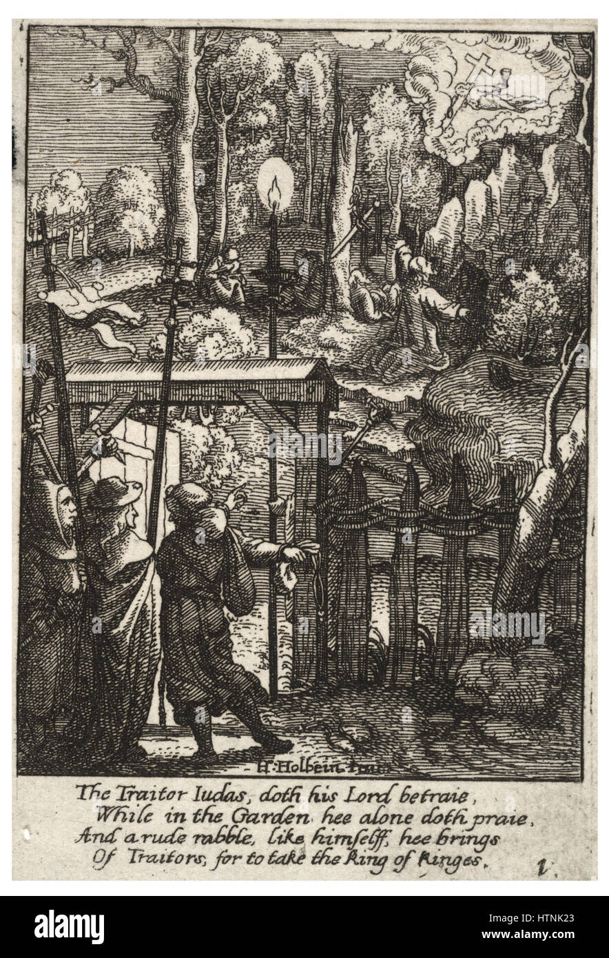 Diese Ätzung von Wenzel Hollar, „Jesus auf dem Ölberg“, veranschaulicht einen entscheidenden Moment aus der Passion Christi. Das Kunstwerk zeigt Jesus im Gebet und symbolisiert seine Trauer und tiefe Verbindung mit Gott vor seiner Kreuzigung. Stockfoto