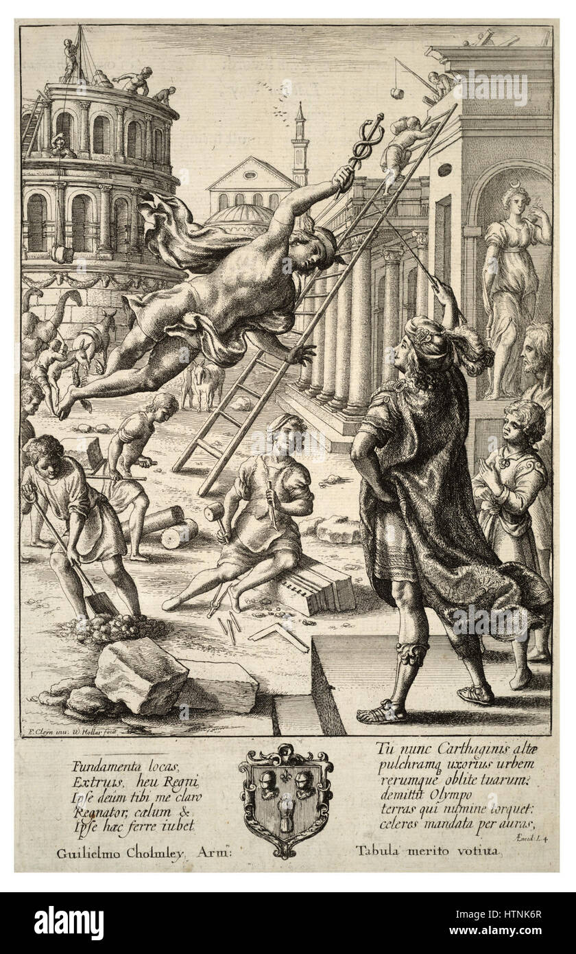 Wenzels „Mercury and Aeneas“ zeigt eine mythologische Szene, die die Begegnung zwischen dem Botengott Mercury und dem Trojanischen Helden Aeneas veranschaulicht. Hollar's detailreiche Gravur zeigt sein Können bei der Darstellung mythologischer Motive. Stockfoto