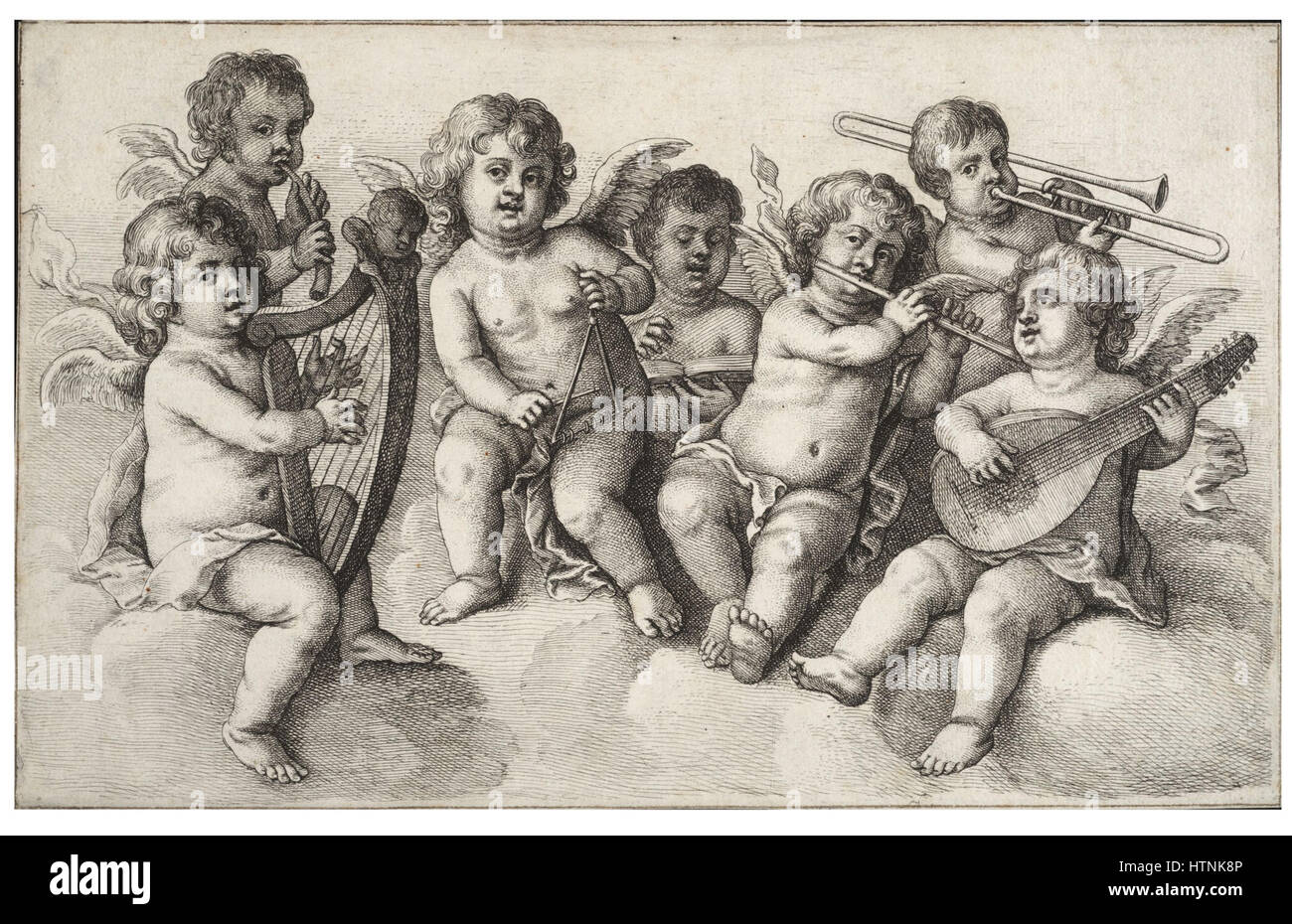 Wenzel Hollar’s Stich „Konzert der Cherubs in den Wolken“ zeigt Cherubs, die Instrumente inmitten der Wolken spielen. Die zarte Komposition fängt die ätherische Qualität himmlischer Wesen in der Barockkunst ein. Stockfoto