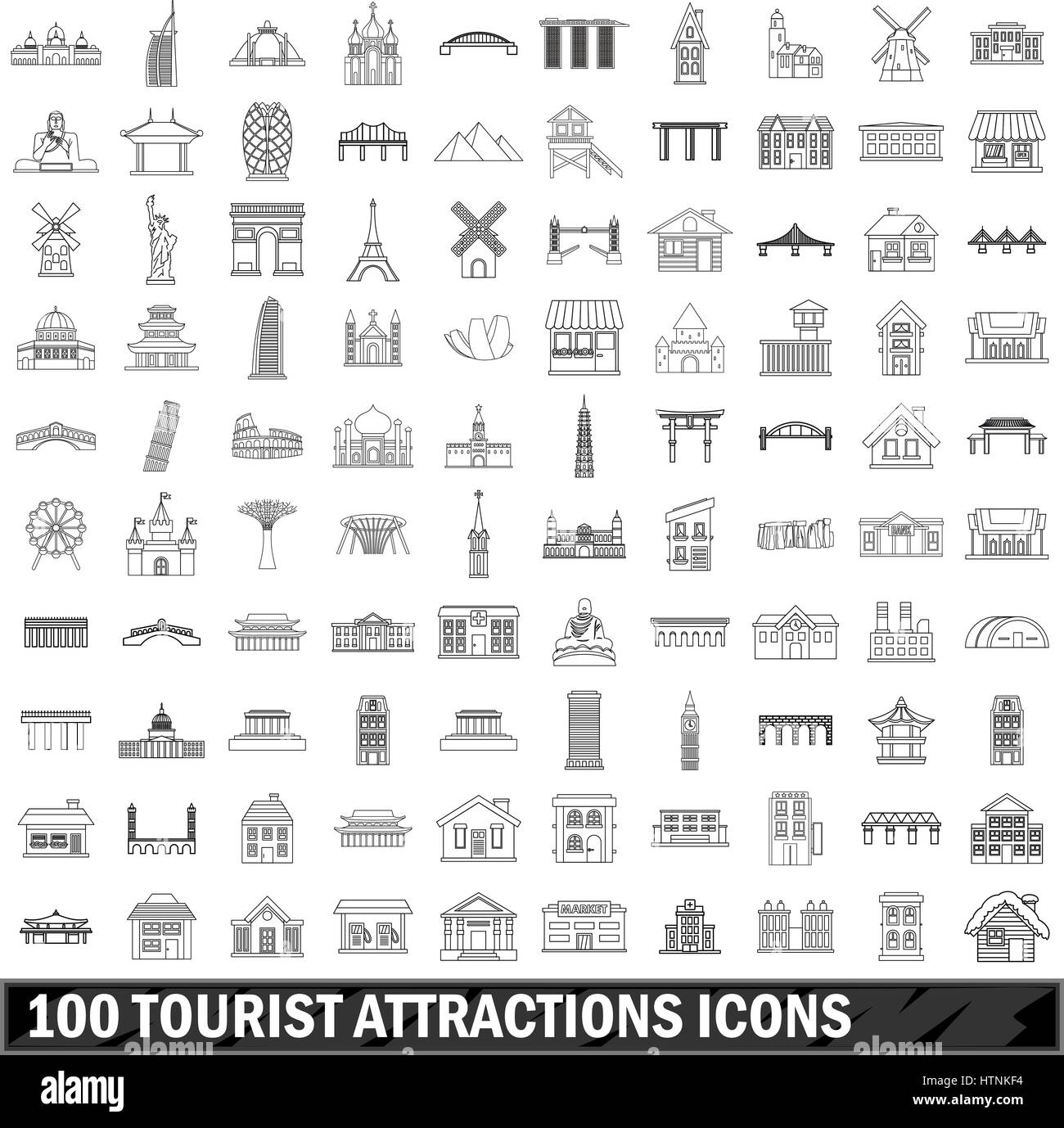 100 touristischen Attraktionen Ikonen inmitten Umriss-Stil für alle Design-Vektor-illustration Stock Vektor