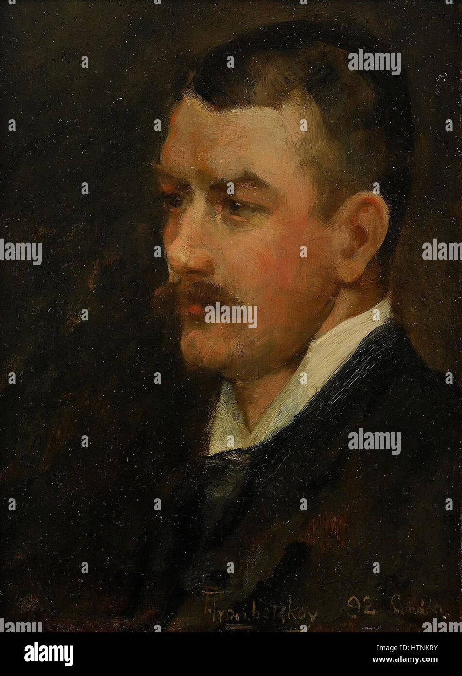 Pierre Troubetskoys „Portrait of a Gentleman“ fängt die würdevolle Präsenz eines Aristokraten ein, wahrscheinlich vom russischen Adel. Das Gemälde zeigt Troubetskoys Fähigkeit, die Persönlichkeit und den sozialen Status seiner Untertanen mit raffinierter Eleganz und Detailtreue zu vermitteln. Stockfoto