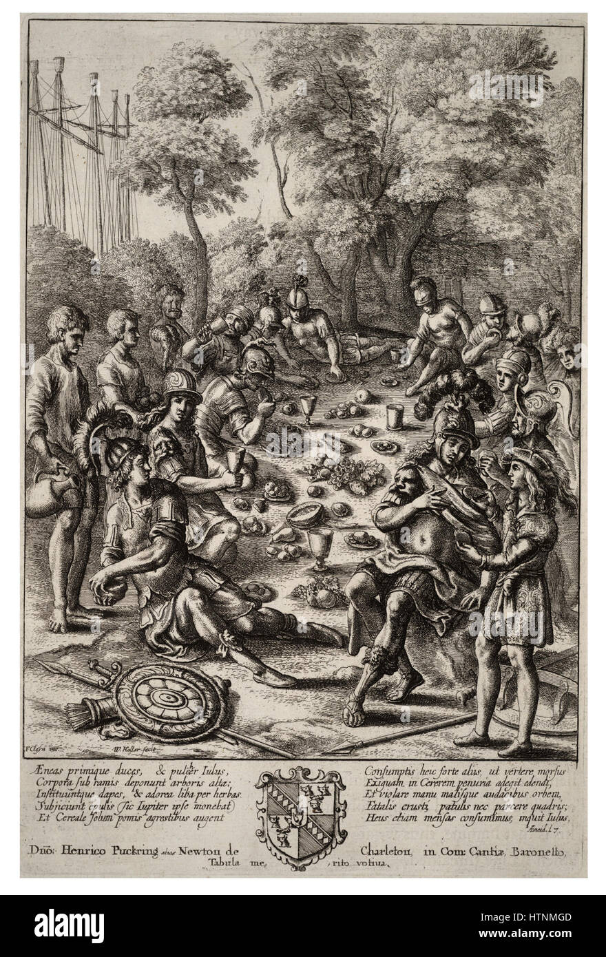 Dieser Stich von Wenzel Hollar mit dem Titel „Review of the Julian Dynastie“ stellt die historischen Figuren der Julian Dynastie dar. Es handelt sich um ein detailliertes, historisches Werk, das das Können des Künstlers in der Darstellung der Feinheiten der königlichen Abstammung und ihrer Bedeutung widerspiegelt. Stockfoto