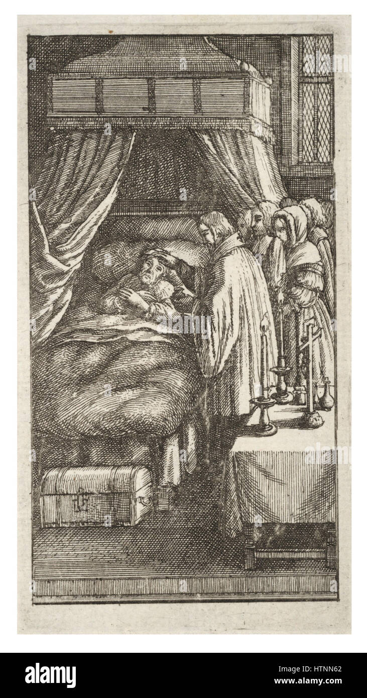 Wenzels Gravur „Extreme Unction“ zeigt das Sakrament der Krankensalbung. Die Arbeit konzentriert sich auf die feierliche Atmosphäre des Rituals und die heilige Atmosphäre, die es umgibt, und hebt Hollar’ Fähigkeit hervor, religiöse Themen zu vermitteln. Stockfoto