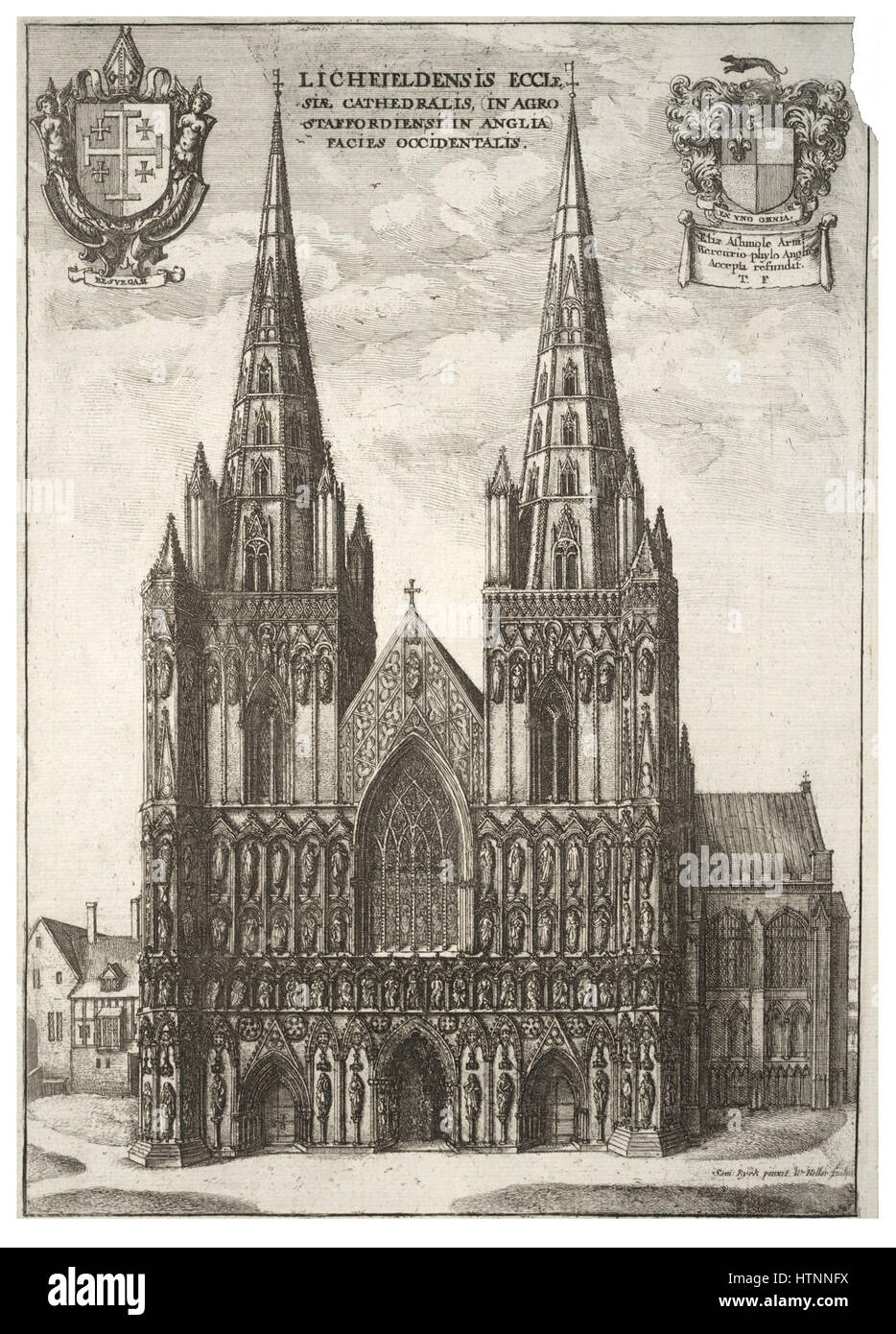 Wenceslas Hollar's Gravur der Kathedrale von Lichfield unterstreicht die architektonische Schönheit dieses berühmten britischen Wahrzeichens. Die präzise Linienführung und die Liebe zum Detail von Hollar erfassen die Größe und den Umfang der Kathedrale und betonen die gotische Architektur und die historische Bedeutung des Bauwerks. Stockfoto