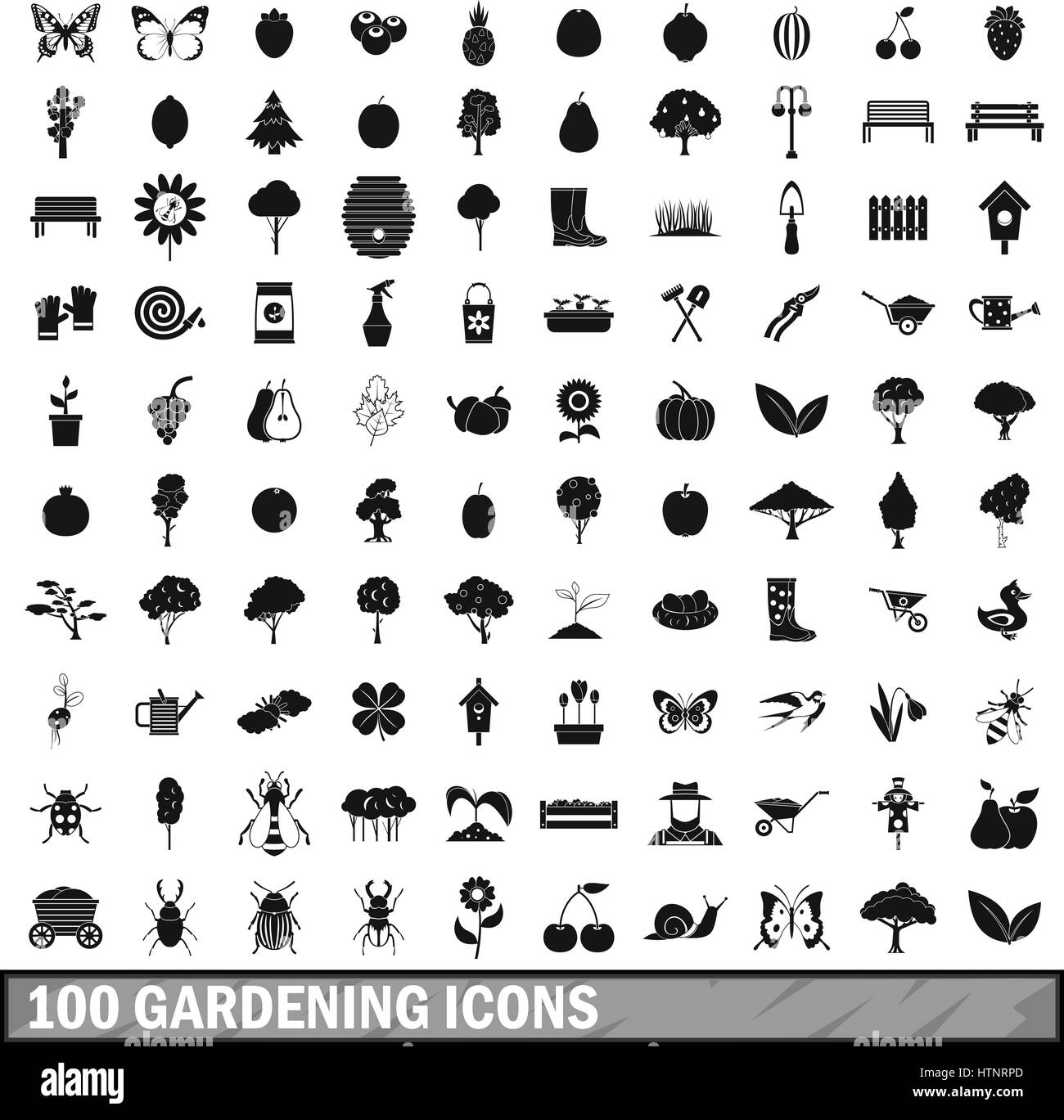 100 Gartenarbeit Symbole im einfachen Stil festlegen Stock Vektor