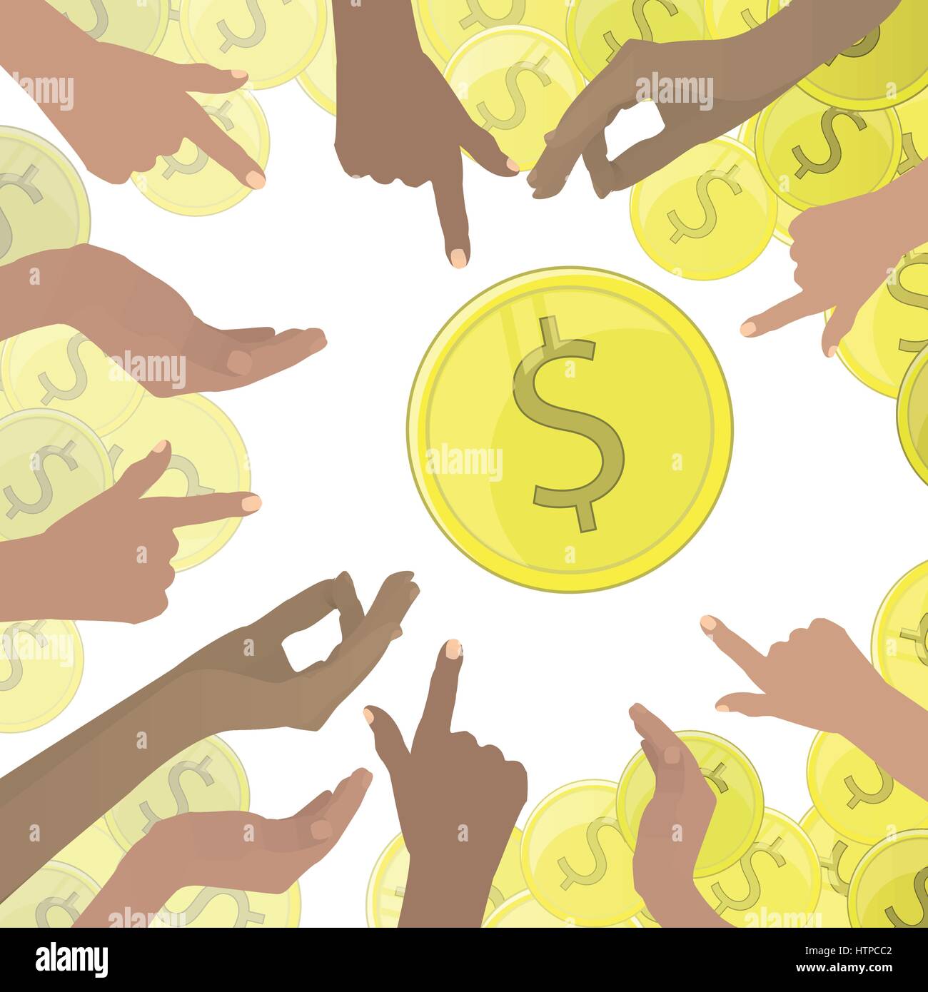 Hände viel auf Dollar Goldmünzen zeigen. auf einem weißen Hintergrund. Illustration für Ihr Design. Stock Vektor