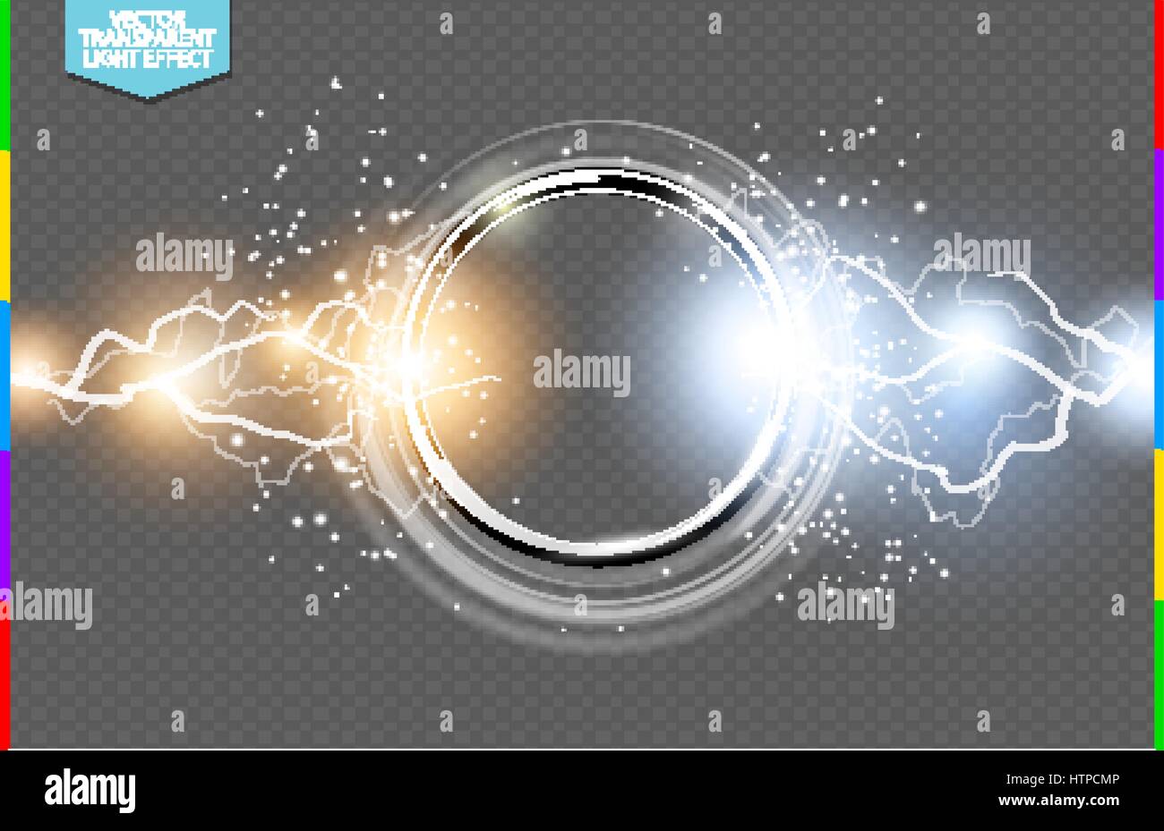 Abstrakte Metall Chrom Ring macht Wissenschaft transparenten Hintergrund. Elektrische Leuchten Runde Tech Rahmen, Energie Blitze. Lichteffekt mit Funken Stock Vektor