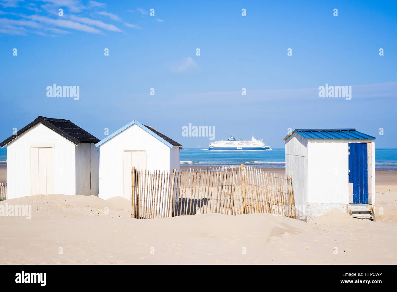 Strandhäuser in Bleriot-Plage, ein beliebter Strand in der Nähe von Calais, Frankreich Stockfoto