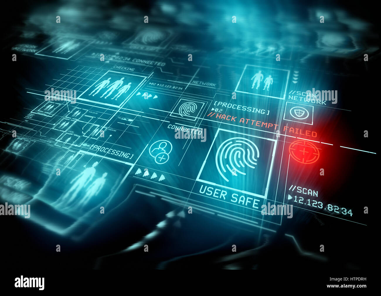Digitale Sicherheit und Datenschutz. Konzeptionelle Darstellung mit fortschrittlicher Technologie digital angezeigt. Stockfoto