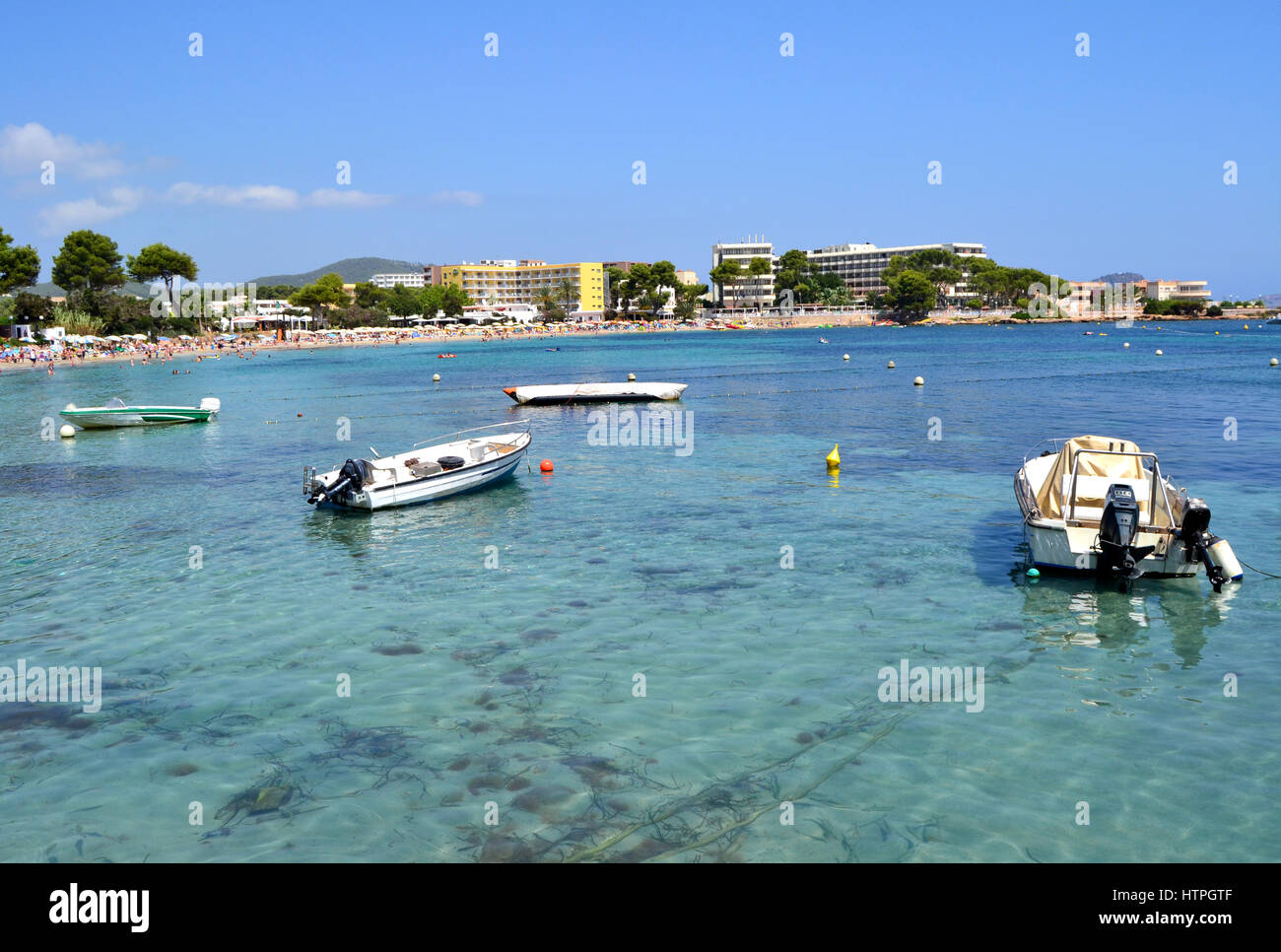 Ansicht von Es Canar Strand von Ibiza, Spanien Stockfoto