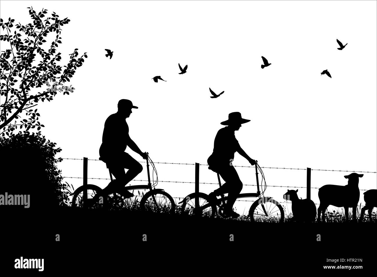 Bearbeitbares Vektor Silhouette ein paar Radfahren zusammen in der Landschaft mit Menschen, Fahrräder und Schafe als separate Objekte Stock Vektor