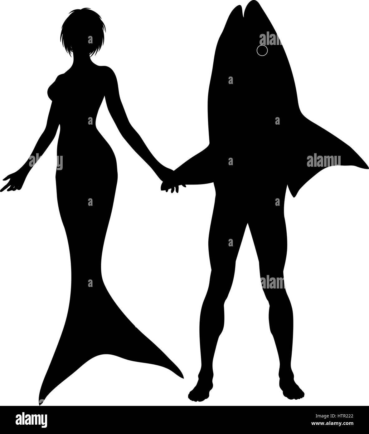 Vektorgrafik Silhouette einer Meerjungfrau und ihr Wassermann mit Figuren als separate Objekte Stock Vektor