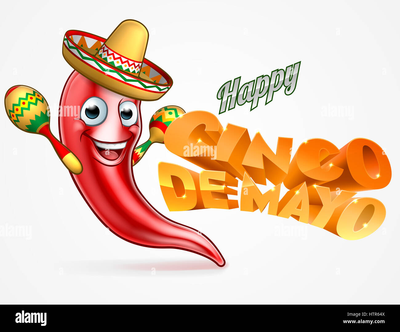 Mexikanische glücklich Cinco De Mayo-Poster mit roten Chili Pfeffer Zeichentrickfigur in Stroh Sombrero-Hut hält Maracas Schüttler Stockfoto