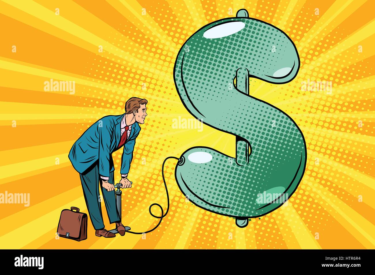 Retro-Geschäftsmann Aufblasen des Ballons dollar Stock Vektor